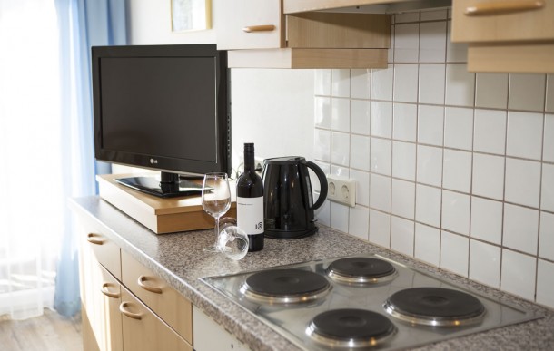 Wohnbereich mit Küchenzeile und TV